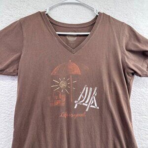 Life is Good Shirt Womens Size Medium Classic Fit Brown V Neck‎ Beach Umbrella